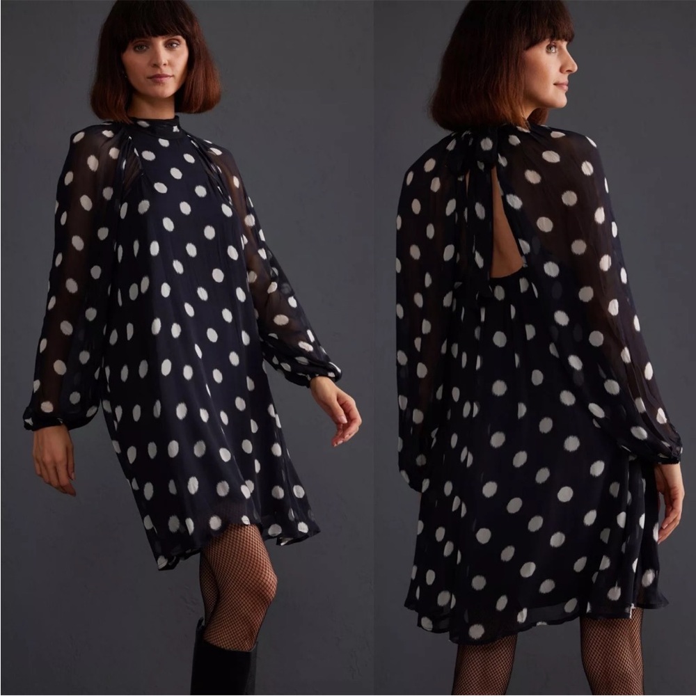 Maeve by Anthropologie Womens Mini Dress Long Sleeve Polka Dot Black XX-SM